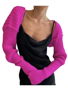 Women's Summer Open Front Cropped Cardigan Long Sleeve Solid Color Ribbed Knit Shrug Sweater Bolero Tops Streetwear - Hot Pink - View 2