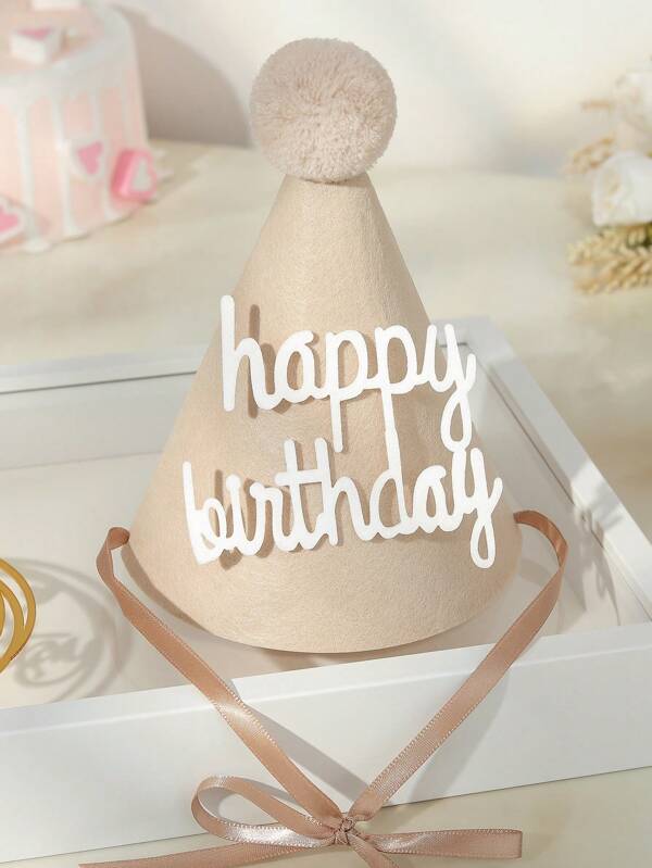 Thickened Felt Material Big Pom Pom Light Khaki Happy Birthday Letter Print Party Hat 1set/1pc
