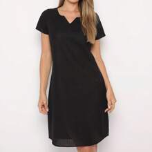 Vestido midi feminino de linho preto com decote em V e mangas curtas, bainha assimétrica, vestido casual liso