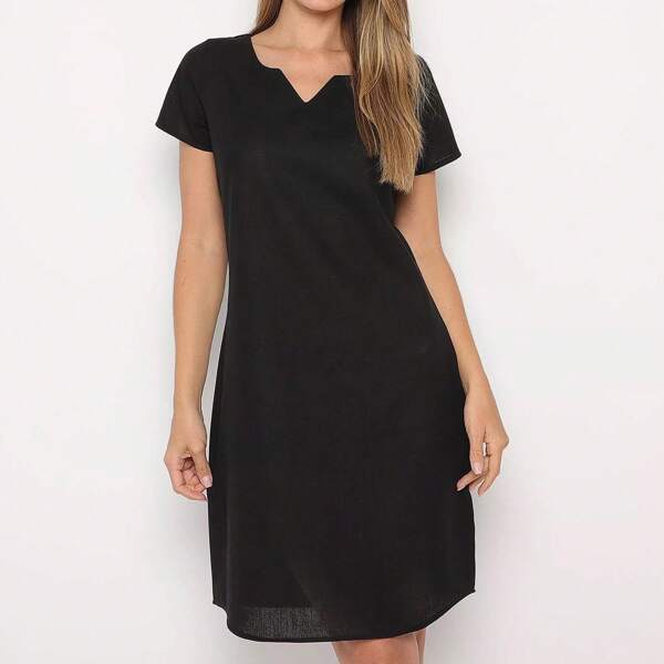 Vestido midi feminino de linho preto com decote em V e mangas curtas, bainha assimétrica, vestido casual liso
