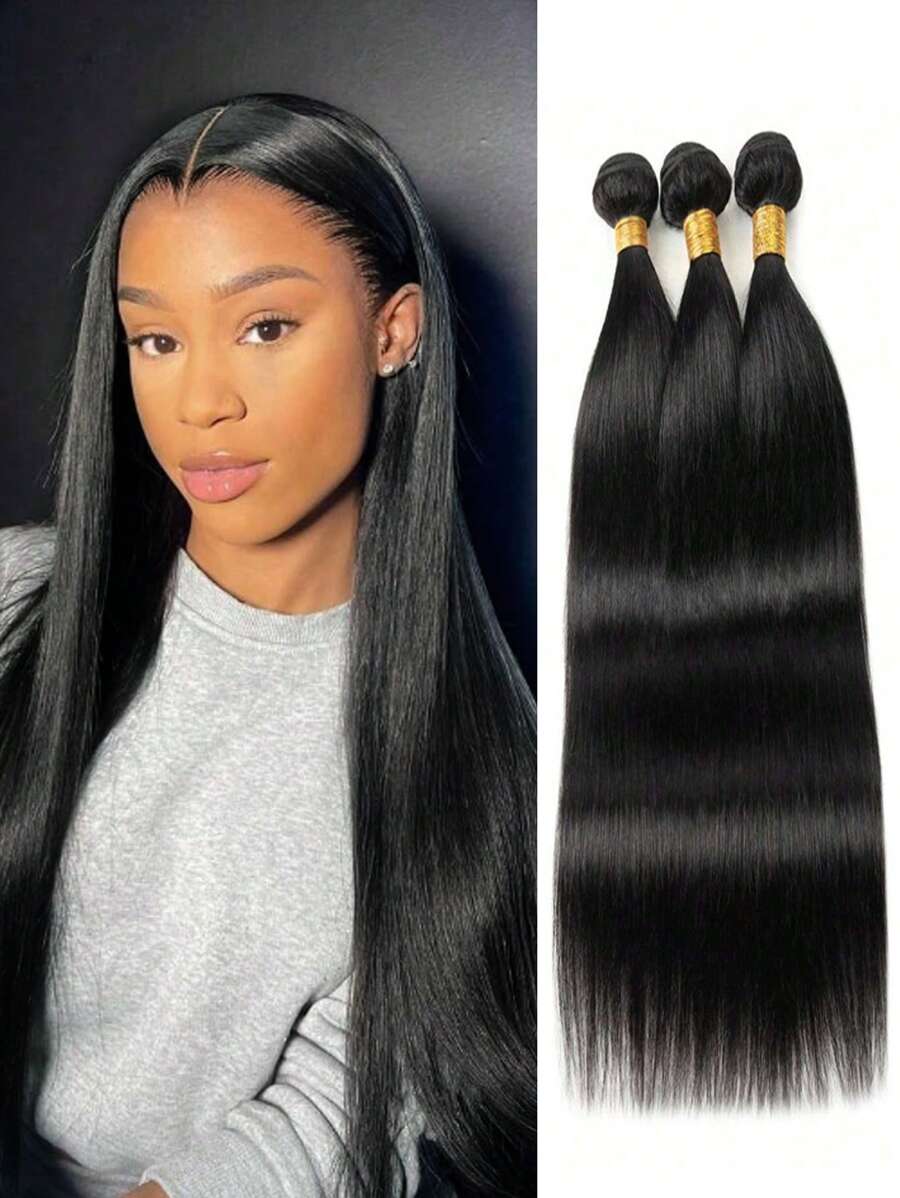 3 件黑色长直发束，14 英寸 16 英寸 18 英寸 22 英寸 26 英寸合成假发天然黑色直发合成接发三束适合女性日常佩戴或 - 黑色 - 查看 1