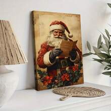 1 pieza Póster artístico vintage de lienzo con impresión | Enmarcado en lienzo - Santa Claus leyendo arte navideño, perfecto para la decoración rústica del hogar, decoración de invierno, decoración de habitación, decoración de pared, regalo de Navidad perfecto