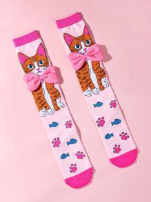 1 Đôi tất cao đến đầu gối in hình mèo dễ thương cho bé gái, trang trí nơ, màu hồng thời trang, thích hợp cho mùa thu/đông, tiệc tùng, quà tặng, giải trí, thể thao, trang phục đi học - Nhiều màu - Xem 8