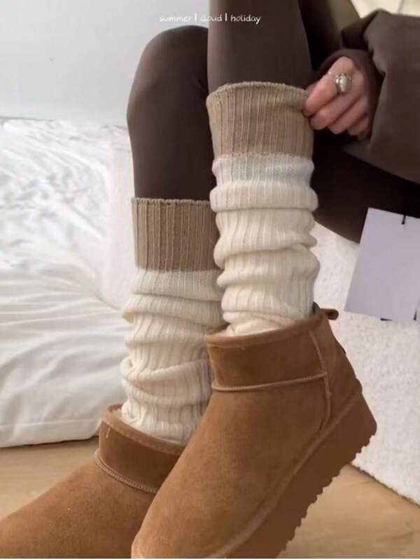 1 Pair Casual Polyester Autumn/Winter Color Block Knitted Leg Warmers, Simple & Versatile Thigh High Leg Warmers, Grey