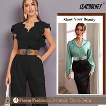 Conjunto de 4 piezas que incluye falda decorativa y abrigo de tela con cinturón elástico ancho y hebilla, de diseño versátil y elegante para mujeres