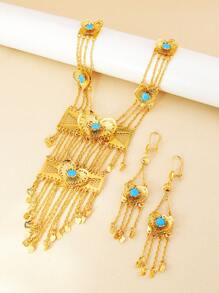 3pcs Elegant & Luxurious Gold Long Necklace And Earrings Set, Hollow Faux Turquoise Jewelry Set, Suitable For Women's Daily, Party, Wedding, Holiday As Gift - Yellow Gold - View 2