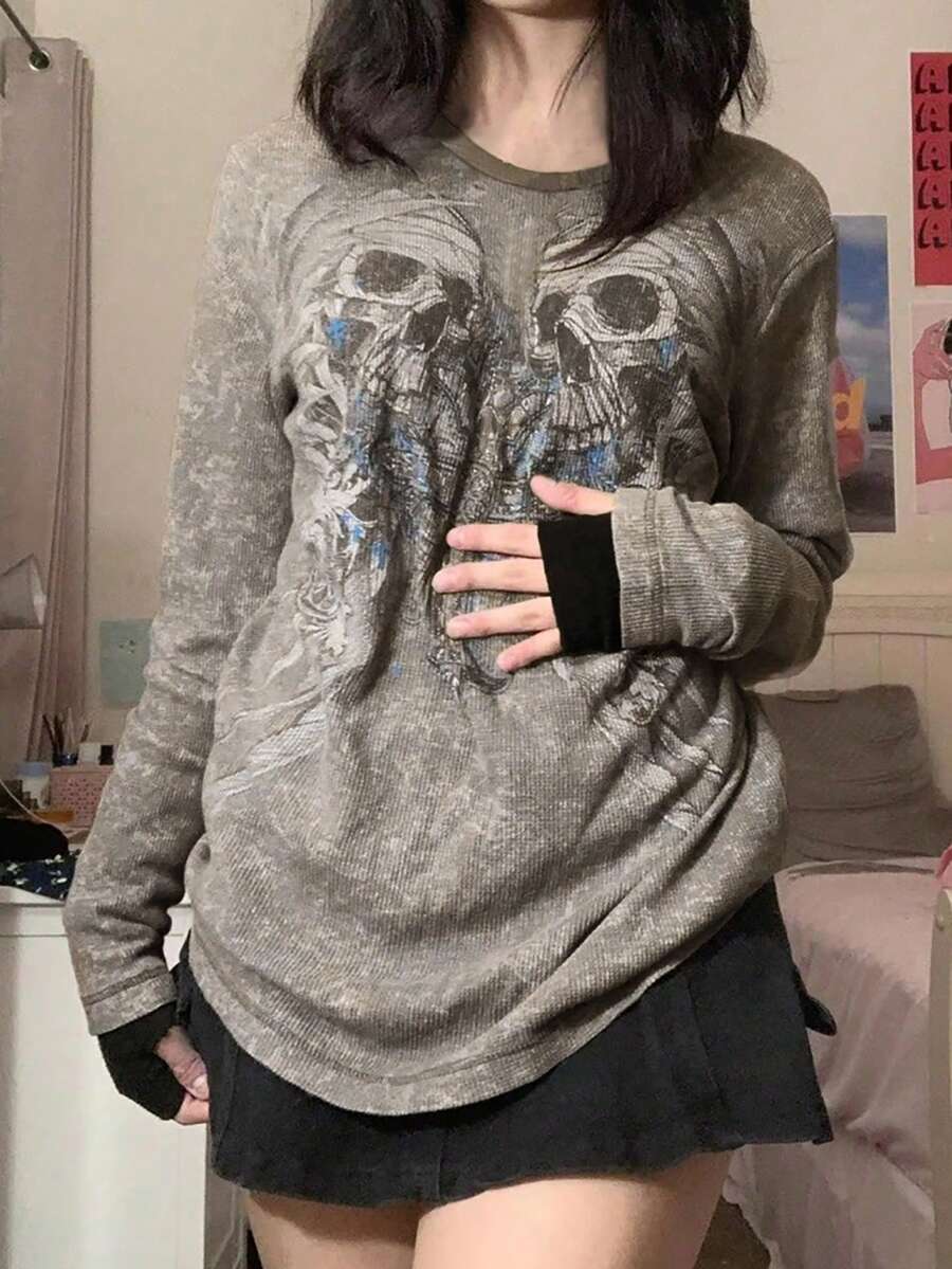 女式复古朋克骷髅印花长袖哥特式 T 恤上衣，Y2K 美学街头风格