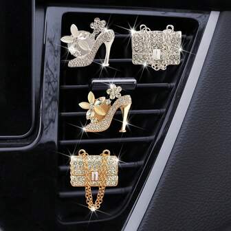1pc Fashion Bling Crystal High-Heeled Shoes Shaped Car Air Vent Clips, Lovely Crystal Handbag Shaped Car Air Fresheners Vent Clips Charms, Cute Rhinestone Diffuser Vent Clip, Sparkling Car Air Conditioning Decoration