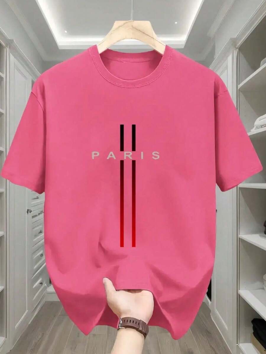 Paris Men's T-Shirt 100% Cotton T-Shirt Comfortable Minimalist Combed 30.1 Shirt - 淺粉色 - 查看 1