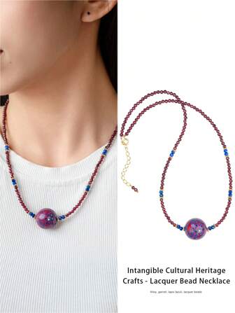  [VE] 1pc High-Quality Natural Garnet Necklace, Garnet Paired With Intangible Cultural Heritage Lacquer Bead, Meaning Prosperity, Auspiciousness And Craftsmanship. The Lustrous Garnet Symbolizes Vibrant Life Force And Beautiful Love; The Intangible Cultural Heritage Lacquer Bead Showcases The Exquisite Traditional Chinese Craftsmanship, Adding Cultural Charm And Collection Value To The Necklace. Random Jewelry Color