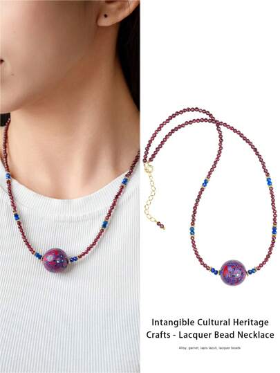  [VE] 1pc High-Quality Natural Garnet Necklace, Garnet Paired With Intangible Cultural Heritage Lacquer Bead, Meaning Prosperity, Auspiciousness And Craftsmanship. The Lustrous Garnet Symbolizes Vibrant Life Force And Beautiful Love; The Intangible Cultural Heritage Lacquer Bead Showcases The Exquisite Traditional Chinese Craftsmanship, Adding Cultural Charm And Collection Value To The Necklace. Random Jewelry Color