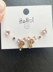 6pcs/Set Y2K Pink Heart Stud Earrings For Women Girls Bow Dangle Earring Set Sweet Crystal Bowknot Drop Earring Fashion Jewelry