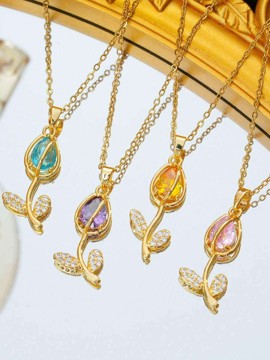 1 pieza Collar con colgante de tulipán colorido chapado en oro de 18K de acero inoxidable, versátil y único para fiestas, citas, oficina, vacaciones - el tulipán - Ver 1