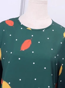 Bohemian Style Long Sleeve Round Neck Pleated Leaf Print A-Line Midi Dress