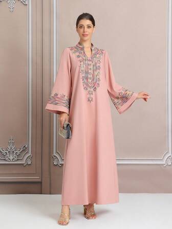 Plus Size Women Style Embroidered Elegant Robe, Kaftan, Abaya For Special Occasions, Dubai Style Beaded Embroidery, Pink Loose Dress BC4615 (Custom-Made)