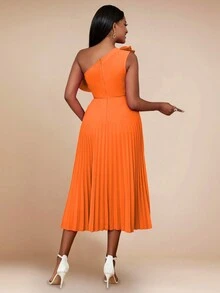 One Shoulder Asymmetric Ruffle Trim Pleated Dress - Orange - View 2