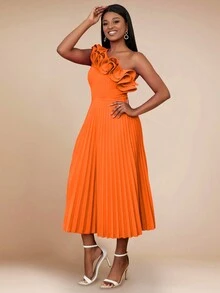 One Shoulder Asymmetric Ruffle Trim Pleated Dress - Orange - View 7