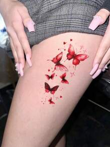 1 件红色华丽星星、心形和蝴蝶图案防水临时纹身贴纸，适合时尚人士在肩部和大腿上使用 - 彩色 - 查看 4