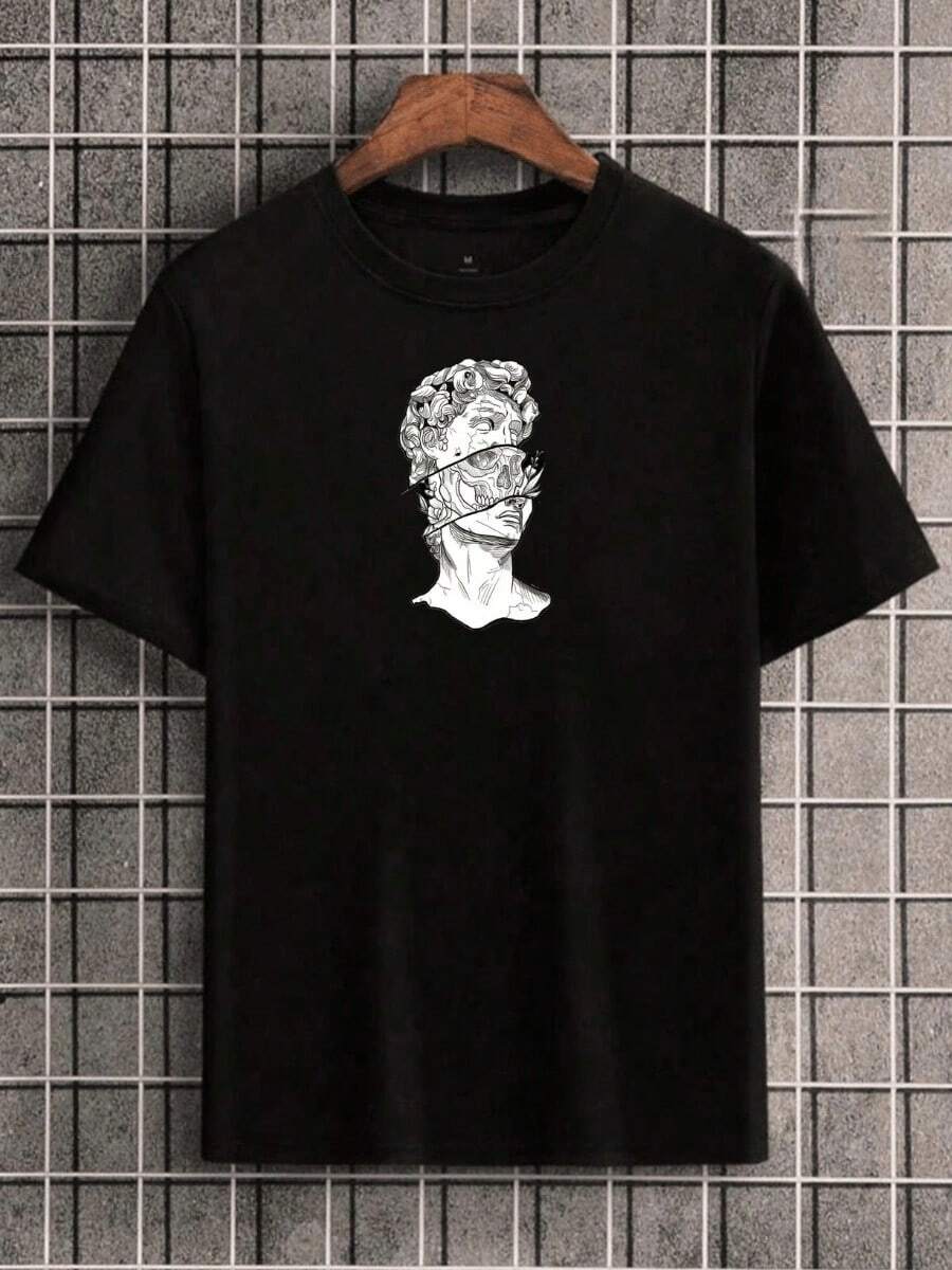 Unisex Oversized Basic Printed Cotton Skull Print Blouse - 黑色 - 查看 1