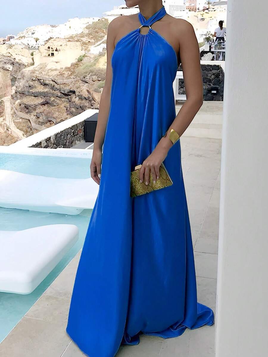 Women's Summer O-Ring Criss Cross Sleeveless Self-Tie Halter Backless Maxi Long Beach Dress - Royal Blue - View 1