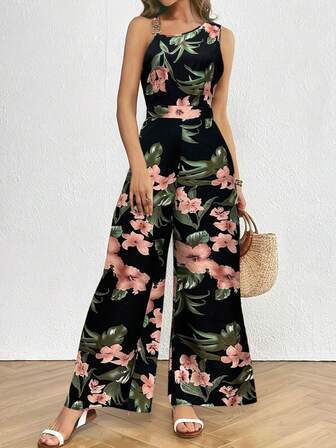 Women's Floral Print Asymmetrical Neck Wide Leg Loose Sleeveless Jumpsuit, Summer Outfits For Women, Music Festival Summer Clothes, Elegant