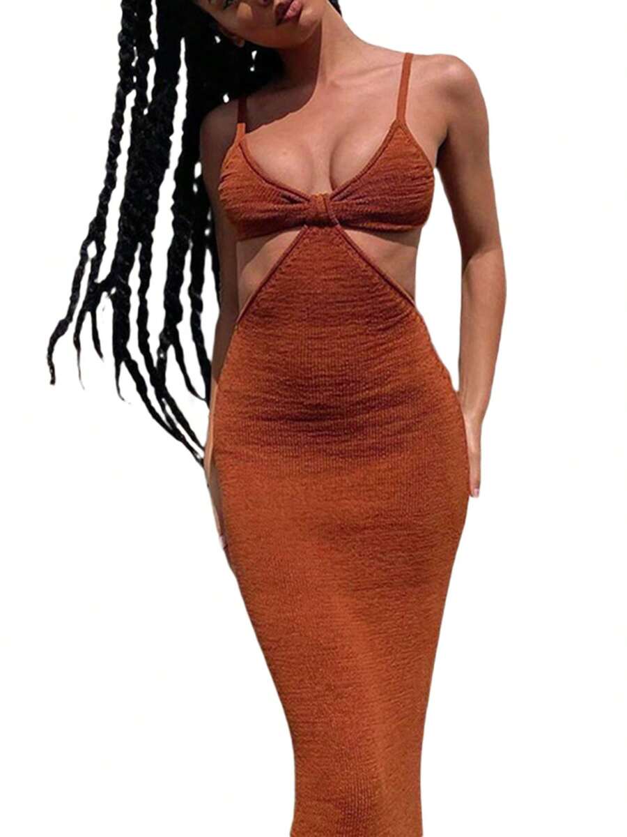 2023 newest arrival Womens Sexy Suspender Long Dress Fashion Solid Color Hollow Backless High Waist Tight Dress - Marrón - Ver 1