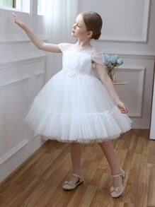 Vestido de Páscoa Elegante de Princesa com Renda e Tule para Menina Jovem, Adequado para Presente de Aniversário, Festa, Dama de Honra, Casamento, Apresentação Escolar, Feriado, Ocasião de Banquete