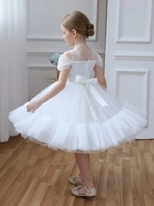 Vestido de Páscoa Elegante de Princesa com Renda e Tule para Menina Jovem, Adequado para Presente de Aniversário, Festa, Dama de Honra, Casamento, Apresentação Escolar, Feriado, Ocasião de Banquete
