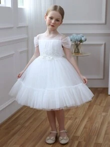 Vestido de Páscoa Elegante de Princesa com Renda e Tule para Menina Jovem, Adequado para Presente de Aniversário, Festa, Dama de Honra, Casamento, Apresentação Escolar, Feriado, Ocasião de Banquete