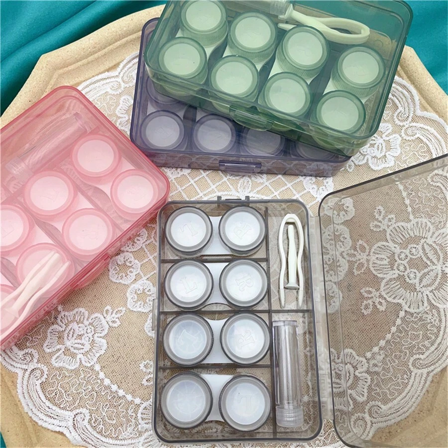 1 Set Estuche minimalista rosa para lentes de contacto invisibles, caja de cuidado, pinzas, palillo, clip, caja de almacenamiento - Rosa - Ver 1