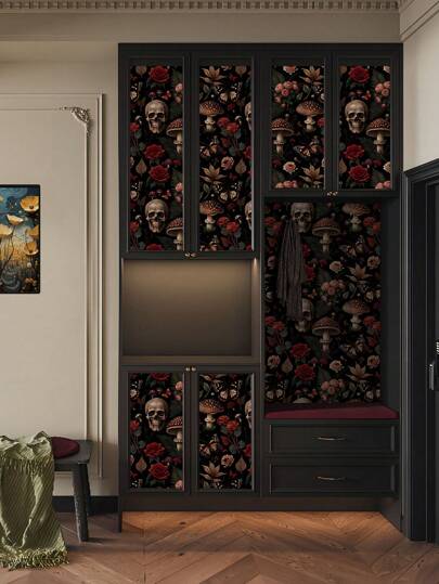 1Roll Halloween Gothic Style Wallpaper, Red Rose Skull Butterfly Seamless Splicing PET Wall Sticker, Removable No Glue Residue Contact Paper,