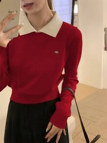 韓式 Polo 領秋冬新款短版修身上衣 薄款針織毛衣 配色拼接 長袖女款休閒針織套頭衫 紅色 - 紅色 - 查看 3