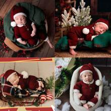 2 Stücke/Set Neugeborenen Weihnachtsmann Set Fotografie Requisite Weihnachts-Outfit Set Weihnachtsmann Outfit Weihnachtskostüm Häkel Baby Latzhose Weihnachtsmann Set für Weihnachts Baby Kostüm