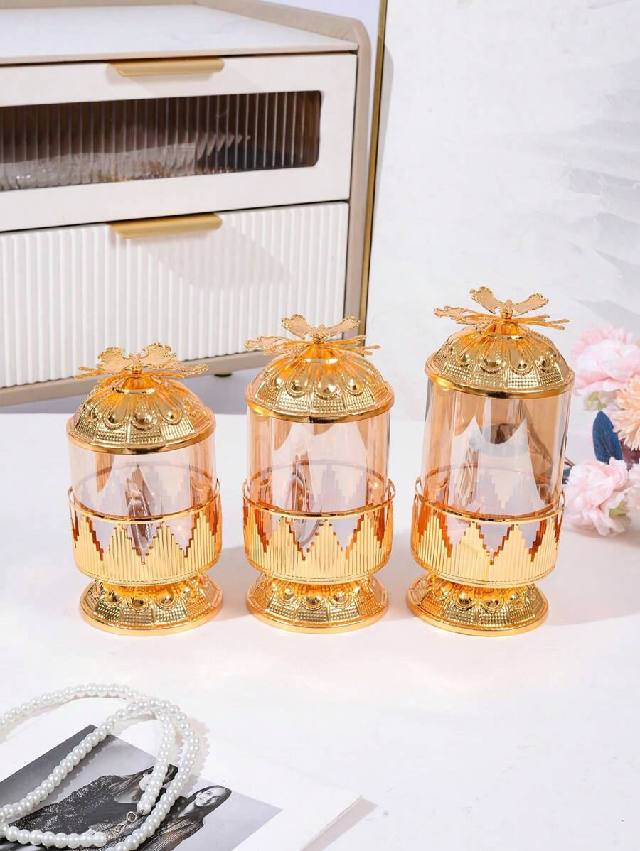 Hũ thủy tinh trang trí sang trọng có nắp vàng, hộp đựng kẹo/đồ ăn nhẹ phong cách Châu Âu/Mỹ - Vàng - Xem 1