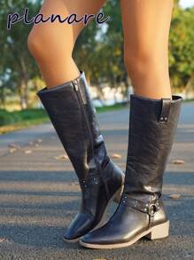 planare Giày bốt đi mô tô mũi tròn thời trang thường ngày cho nữ, giày bốt cao bồi miền Tây có đinh tán, giày cao gót đế thô, màu đen, giày cao su, giày bốt cao đến đầu gối, giày bốt cao đến giữa bắp chân, giày bốt mùa đông, giày nữ - màu đen - Xem 7
