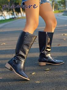 planare Giày bốt đi mô tô mũi tròn thời trang thường ngày cho nữ, giày bốt cao bồi miền Tây có đinh tán, giày cao gót đế thô, màu đen, giày cao su, giày bốt cao đến đầu gối, giày bốt cao đến giữa bắp chân, giày bốt mùa đông, giày nữ - màu đen - Xem 8