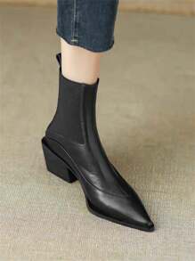Women's Fashion Elegant Patchwork Pointed Toe Chunky Heel Boots, Versatile Slip-On High Heel Slim Boots, Suitable For Party, Gathering, Business, Wedding - Black - View 4