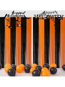 1pc Halloween Black & Orange Beaded Curtain Decoration, 1*2m Backdrop Curtain For Birthday Party, Door Decor