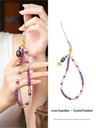  [VE] 1pc High-Quality Natural Crystal Phone Charm, Amethyst Symbolizes Wisdom & Nobility, Clear Quartz Represents Purity & Serenity, Feng Shui Beads Bring Wealth & Good Fortune. This Pendant Perfectly Combines The Three, Blessing You With And Prosperity, An Excellent Choice For Wearing Or Gifting. Natural Gemstone Color Is Random.