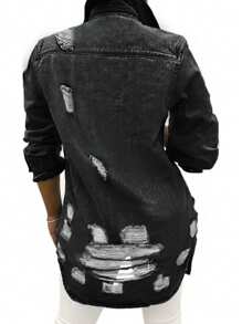 Chaqueta de mezclilla casual de longitud media desgastada y desgarrada para mujer
