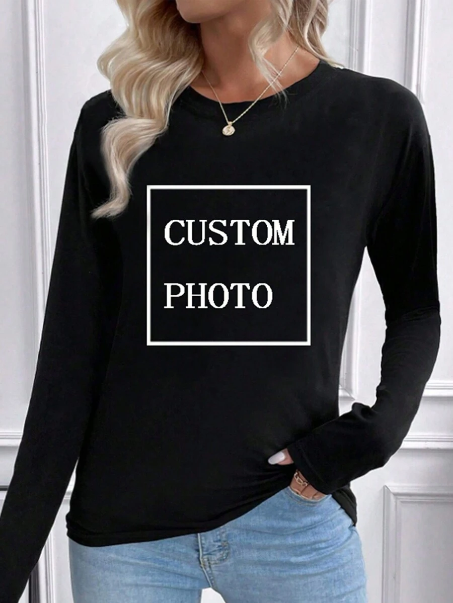 Camiseta personalizada para mujer/ Foto personalizada/ Foto personalizada de padres e hijos/ Texto personalizado/ Personaliza tu camiseta, camiseta de manga larga y cuello redondo para otoño/invierno - Negro - Ver 1