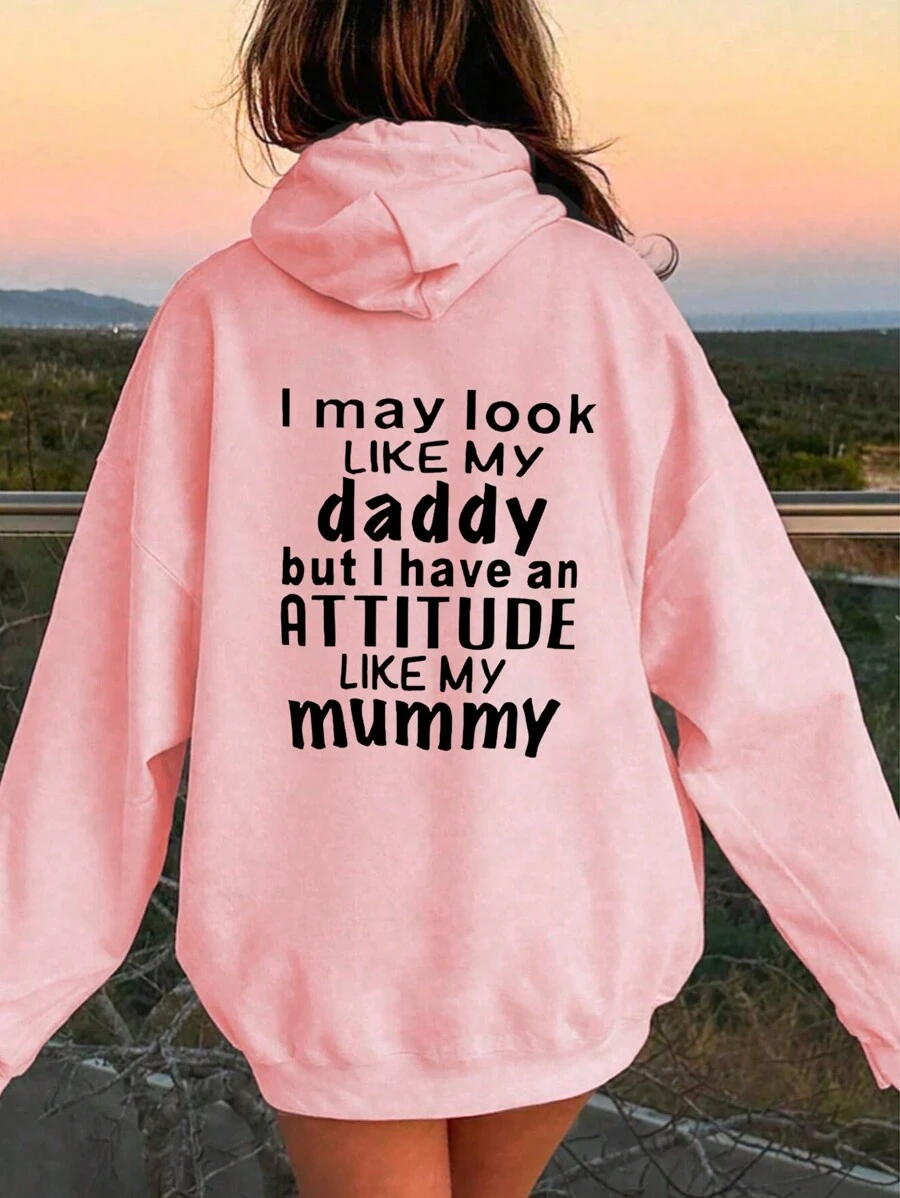 青少年女孩字母标语印花简约连帽衫，日常休闲穿着