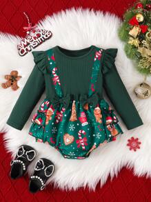 Baby Girl Christmas Ribbed Ruffle Bow & Santa Claus Print Triangle Bodysuit - Green - View 2