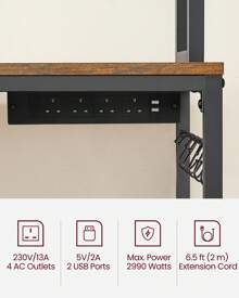 VASAGLE Kitchen Storage Rack With Power Outlet, Coffee Bar, Baker's Rack, With Metal Wire Panel, 14 Hooks, For Microwave, Steel Frame, 40 X 80 X 170 Cm, Rustic Brown And Ink Black