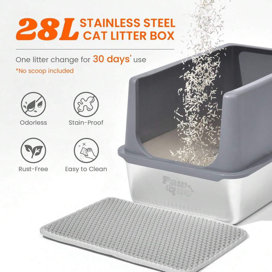 28L Stainless Steel Cat Litter Box With Lid, XL Extra Large Litter Box