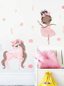 1 件 PVC 天鹅芭蕾女孩和独角兽芭蕾女孩墙贴，儿童房、玄关、卧室、育儿室墙壁装饰 - 彩色 - 查看 6