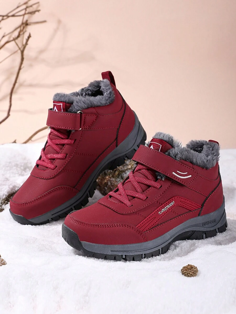 Giày đi tuyết mùa đông bằng da nhung chống thấm nước cho bé gái tuổi teen, giày thể thao đi tuyết đế ngoài chống trượt nhẹ, không cần buộc dây, dễ dàng mang vào/tháo ra - Đỏ - Xem 1