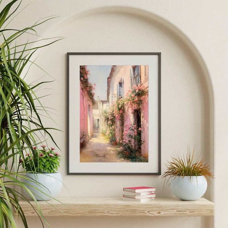 1 件，帆布挂画，实木框架画，粉色小巷画 | 复古欧洲意大利壁画 | 复古粉彩美学家居公寓装饰，家居装饰海报挂画 - 彩色 - 查看 1