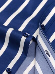 Men's Striped Button-Down Collar Design Iron-Free Dress Shirts, Long Sleeve Stretchy Casual Button Up Shirt For All-Seasons - 藏蓝色 - 查看 6