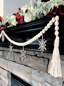 1 vòng hoa Giáng sinh bằng gỗ 60 inch, trang trí cho lò sưởi hoặc tường, có bông tuyết, vòng hoa bằng gỗ đính hạt, trang trí theo phong cách trang trại hiện đại hoặc đồng quê, quà tặng tốt nhất - Màu be - Xem 3